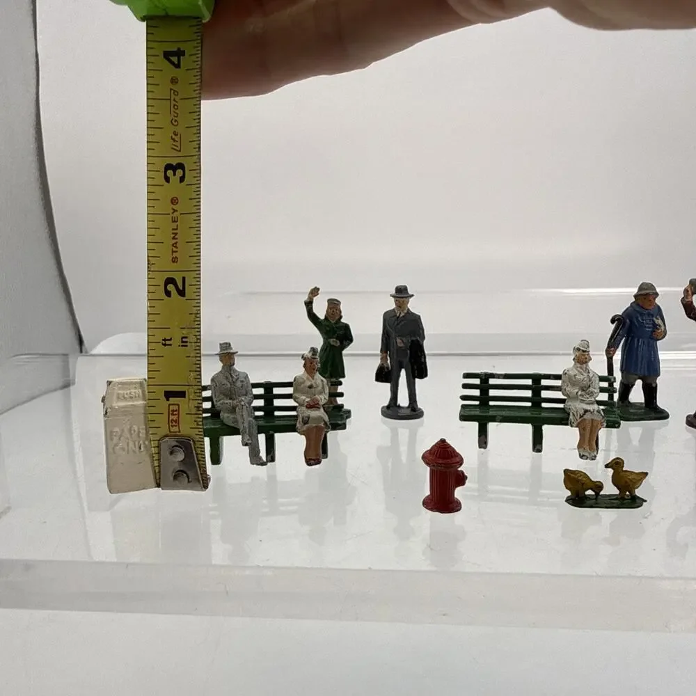 16 Barclay Manoil Painted Lead Traveler Figurines, Benches, Mailbox, Trash, Duck